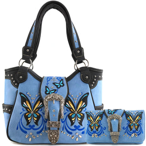 Swallowtail Butterfly Buckle Studded Embroidery Tote Purse Wallet Set
