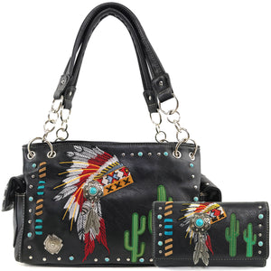 Indian Chieftain Headdress War Bonnet Embroidery Handbag Wallet Set