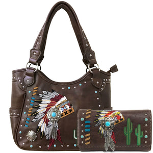 Indian Chieftain Headdress War Bonnet Embroidery Tote Purse Wallet Set