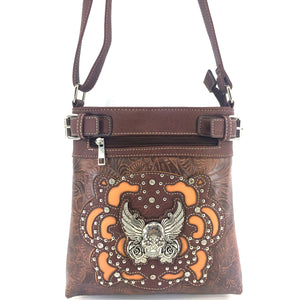 Original Sugar Skull Rose Wings Floral Carving Crossbody