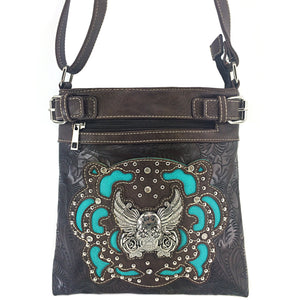 Original Sugar Skull Rose Wings Floral Carving Crossbody