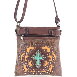 Original Cross Turquoise Floral Carving Crossbody