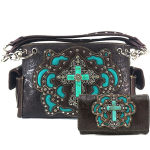 Original Cross Turquoise Floral Carving Handbag Wallet Set