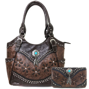 Floral Tooled Turquoise Concho Tote Purse Wallet Set