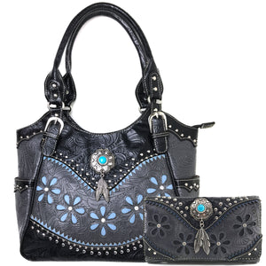 Floral Tooled Turquoise Concho Tote Purse Wallet Set
