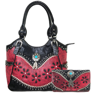 Floral Tooled Turquoise Concho Tote Purse Wallet Set