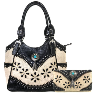 Floral Tooled Turquoise Concho Tote Purse Wallet Set