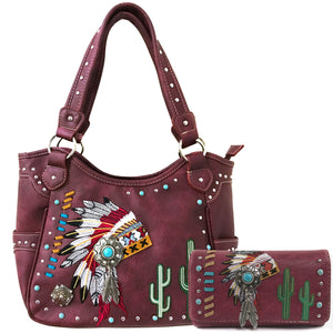 Indian Chieftain Headdress War Bonnet Embroidery Tote Purse Wallet Set