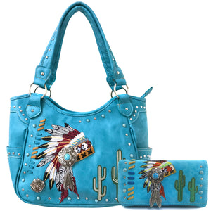 Indian Chieftain Headdress War Bonnet Embroidery Tote Purse Wallet Set