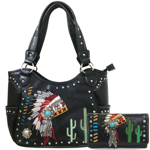 Indian Chieftain Headdress War Bonnet Embroidery Tote Purse Wallet Set