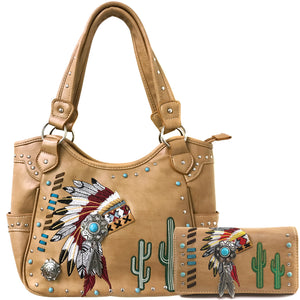 Indian Chieftain Headdress War Bonnet Embroidery Tote Purse Wallet Set