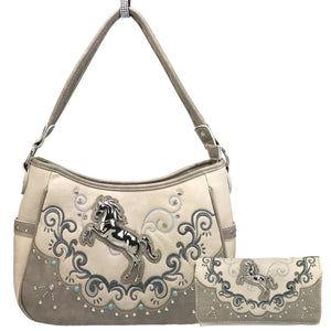 Mustang Horse Floral Embroidery Hobo Bag Wallet Set