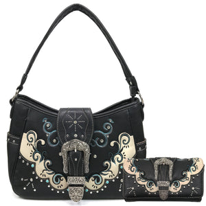 Mustang Buckle Floral Embroidery Hobo Bag Wallet Set