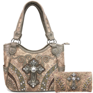 Clydesdale Cross Studded Tooled Handbag Wallet Set
