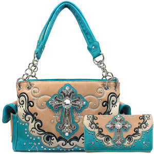 Mustang Cross Floral Embroidery Handbag Wallet Set
