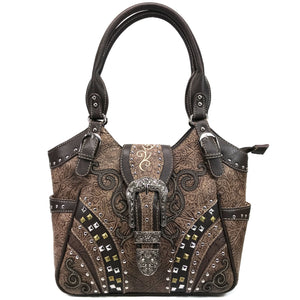 Clydesdale Buckle Studded Tooled Tote Purse