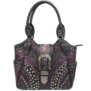Clydesdale Buckle Studded Tooled Tote Purse