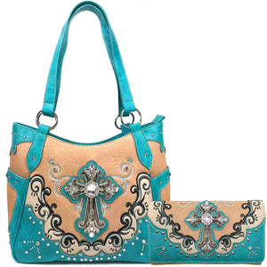 Mustang Cross Floral Embroidery Tote Wallet Set
