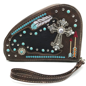 Native Feather Arrows Turquoise Studs Cross Gun Shaped Crossbody Pouch