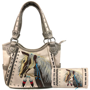 Dakota Horse Mane Embroidery Feather Tote Purse Wallet Set