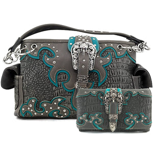 Croc Leather Studded Buckle Handbag Wallet Set
