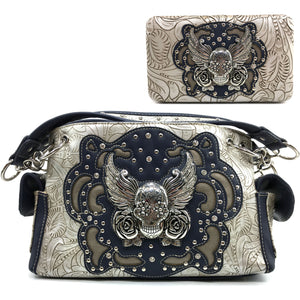 Original Sugar Skull Rose Wings Floral Carving Handbag Wallet Set