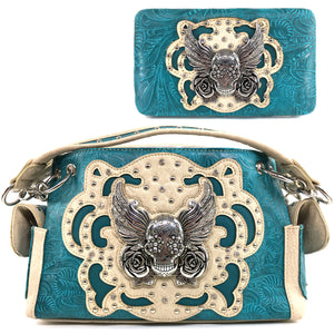 Original Sugar Skull Rose Wings Floral Carving Handbag Wallet Set