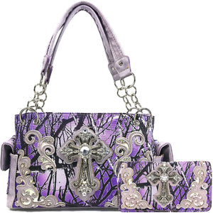 Camouflage Bling Shine Floral Cross Handbag Wallet Set